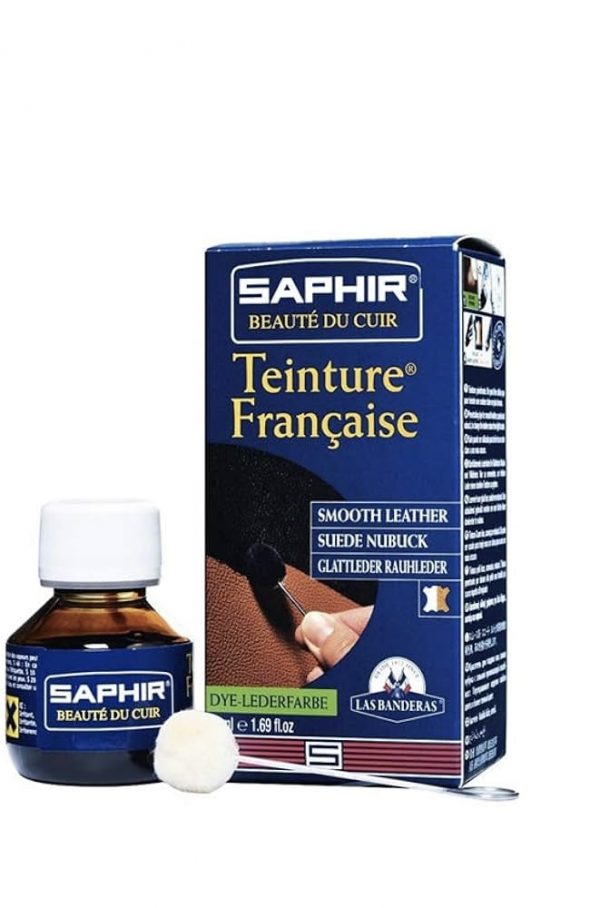 Produit d'entretient pour le cuir : Saphir teinture française teint vos cuirs lisse, daim et nubuck