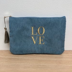 Trousse velours côtelé LOVE bleu ciel