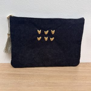 Trousse en velours côtelé noire 6 coeurs
