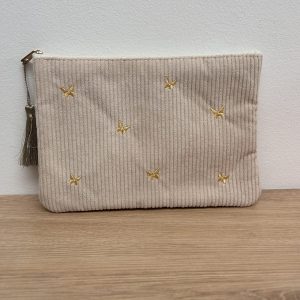 Trousse en velours côtelé papillons beige