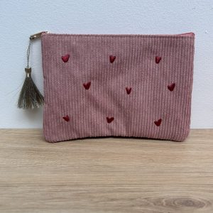 Trousse en velours côtelé cœurs vieux rose