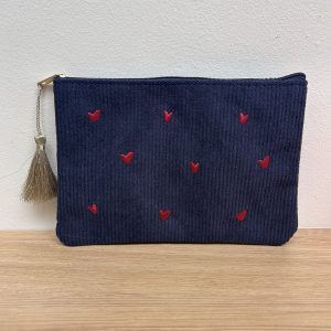 Trousse en velours côtelé cœurs bleu marine