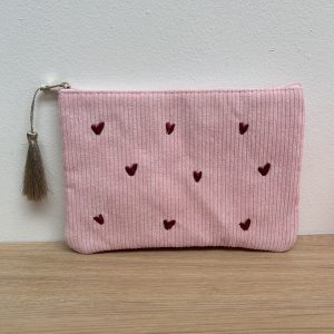 Trousse en velours côtelé cœurs rose clair