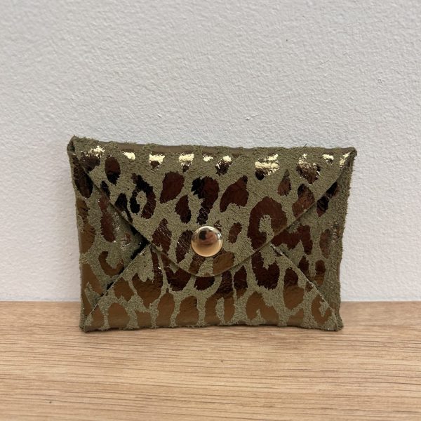Pochette en cuir Léo vert kaki léopard